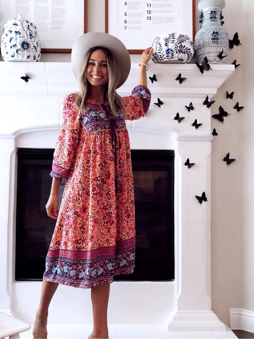 Boho Floral Midi Dress in Pink